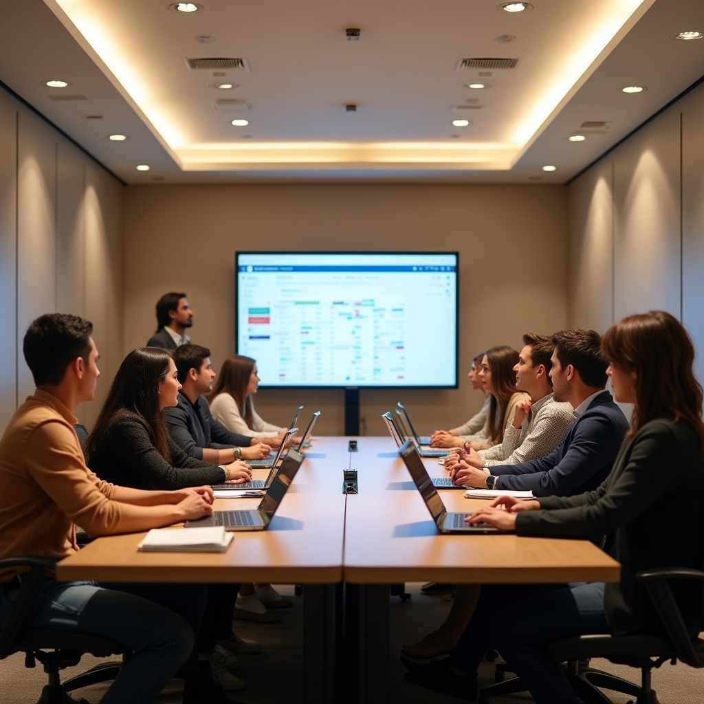Participanți la un webinar interactiv în sală modernă